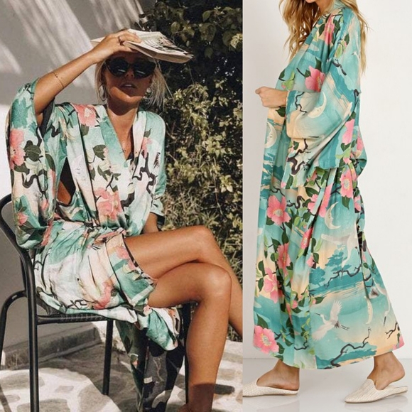 New Spell Designs Nightingale Reversible Kimono Robe Teal Black S/M Duster Lily - Picture 13 of 16